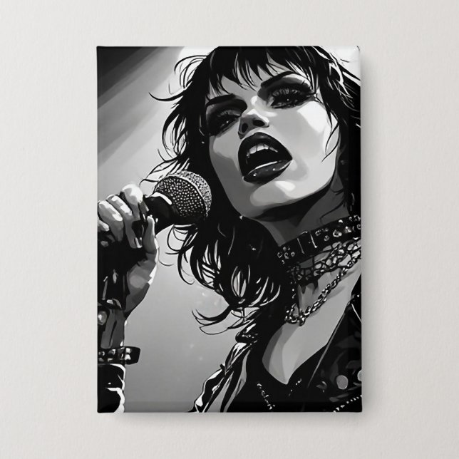 50er BW-Grafik-Comic-Stil-Goth-Punk-Sänger Button (Vorderseite)