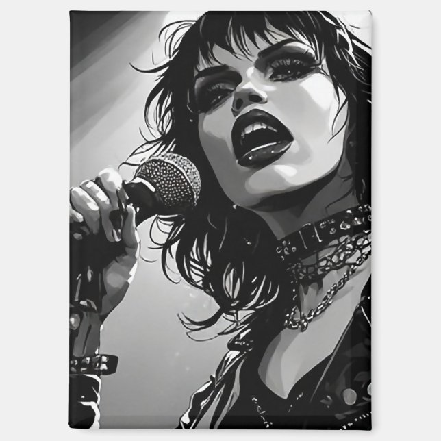 50er BW-Grafik-Comic-Stil-Goth-Punk-Sänger Magnet (Vorderseite)