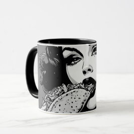 50er BW-Grafikstil-Goth-Girl isst einen Taco Tasse