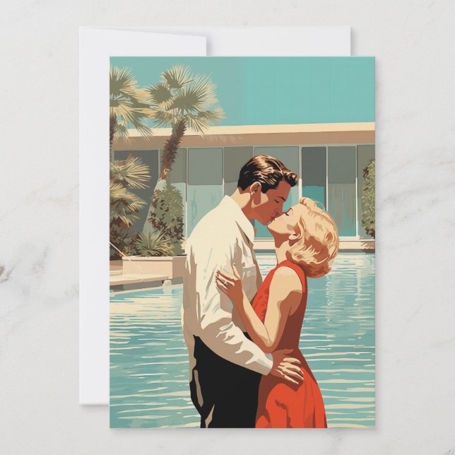 50er Couple Küssen am Pool Einladung (Vorderseite)