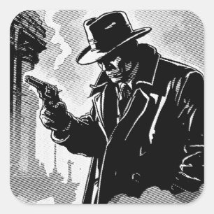 50er-Jahre-BW-Comic-Stil-Grüner-Stadt-Detektiv Quadratischer Aufkleber