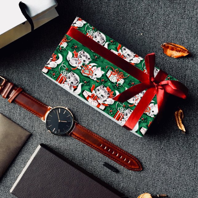 50er Jahre Grünes Weihnachtsmuster mit Kätzchen Geschenkpapier Set (Von Creator hochgeladen)