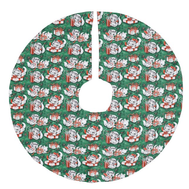 50er Jahre Grünes Weihnachtsmuster mit Kätzchen Leinenimitat Weihnachtsbaumdecke (Vorderseite)