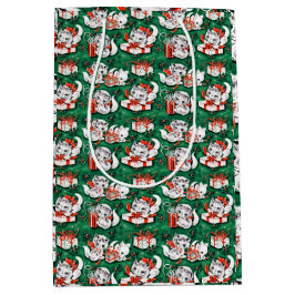 50er Jahre Grünes Weihnachtsmuster mit Kätzchen Mittlere Geschenktüte