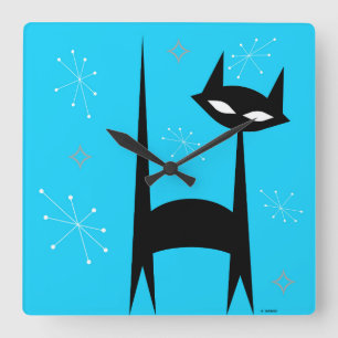 50er Jahre Retro Black Cat Blue Pop Art Clock Quadratische Wanduhr