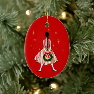 50er Jahre Vintage Weihnachtsmädchen Ovaler Schmuc Keramik Ornament