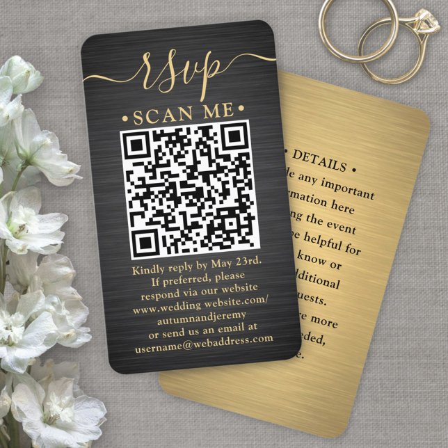 50er Pack QR RSVP Schwarz und Gold Hochzeitseinlag Visitenkarte (Von Creator hochgeladen)