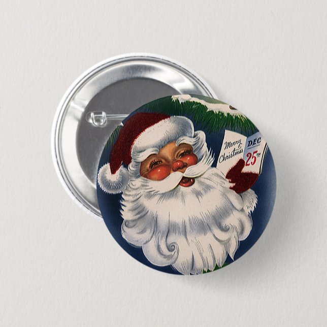 50er Retro Jolly Santa Claus, Weihnachtsfeiertage Button (Vorne & Hinten)