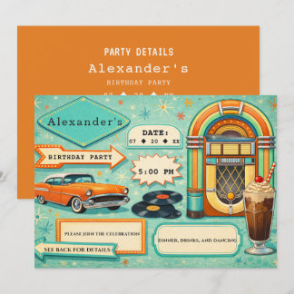 50er Retro Türkis & Orange Geburtstag Einladung