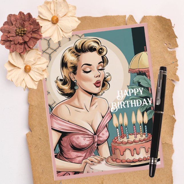 50er Vintag Retro Blonde Woman & Birthday Cake Postkarte (Von Creator hochgeladen)