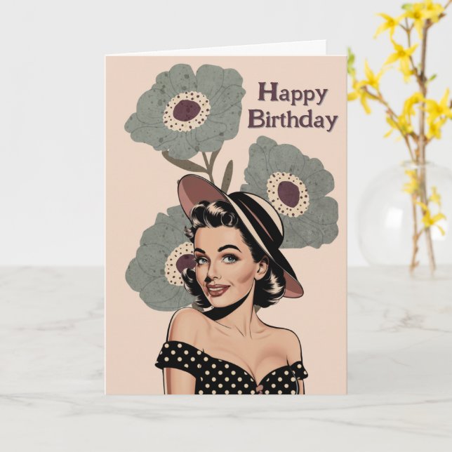 50er Vintag Retro Pinup Frau & Blume, Geburtstag Karte (Gelbe Blume)