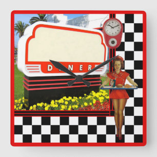 50s Retro Diner Blank Sign Quadratische Wanduhr