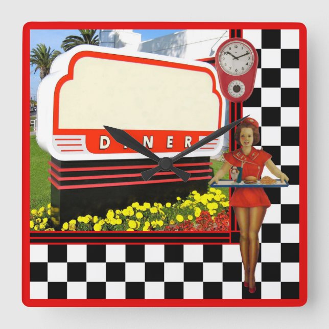 50s Retro Diner Blank Sign Quadratische Wanduhr (Vorderseite)