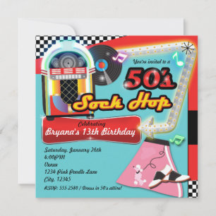 50's SOCK HOP Geburtstagsparty Retro Rote Einladun Einladung