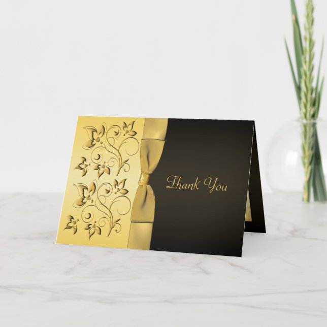 50th Anniversary Black, Gold Floral Thank You Card Dankeskarte (Vorderseite)