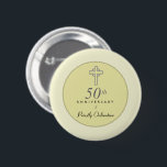 50th Anniversary of Priest with Embossed Cross Button<br><div class="desc">Religious words about joy,  goodness and faith with an embossed cross in gray color for a very special jubilee. Send your best wishes to a Priest on his 50th Anniversary of Priestly Ordination. This gift,  souvenir or giveaway in soft colors will be a perfect surprise.</div>
