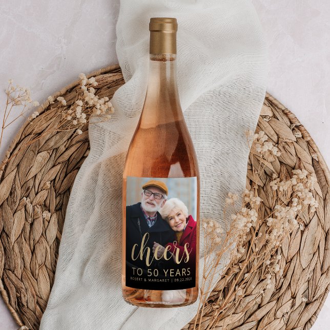 50th Anniversary Party Photo Cheers Gold Script Weinetikett (Von Creator hochgeladen)