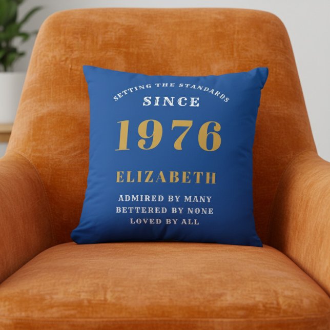 50th Birthday 1976 Add Name Blue Gold Personalized Kissen (1976 Blue throw pillow on orange chair.)