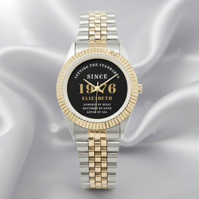 50th Birthday 1976 Elegant Black White Chic Armbanduhr (Born 1976 watch. Silver out of focus background.)