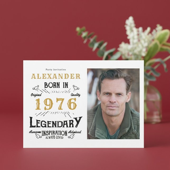 50th Birthday 1976 Legend White & Gold Photo Einladung (Born 1976 birthday invitation.)