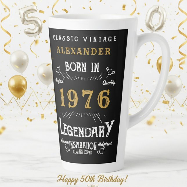 50th Birthday 1976 Legendary Retro Milchtasse (1976 latte mug on a white and gold background)