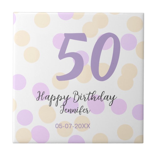 50th birthday add name date purple orange polkadot fliese (Vorderseite)