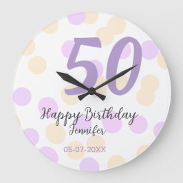 50th birthday add name date purple orange polkadot große wanduhr