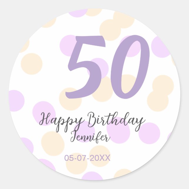 50th birthday add name date purple orange polkadot runder aufkleber (Vorderseite)