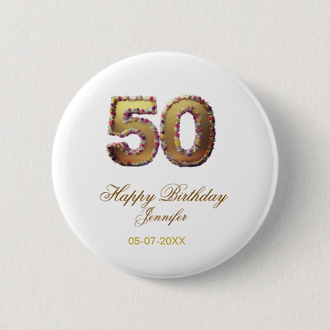 50th birthday add name date year gold floral bold  button (Vorderseite)