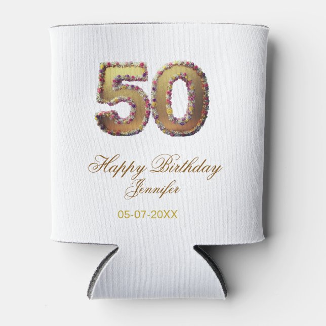 50th birthday add name date year gold floral bold  dosenkühler (Vorderseite)