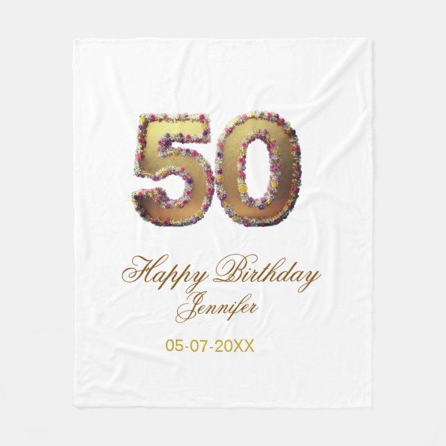 50th birthday add name date year gold floral bold  fleecedecke (Vorderseite)