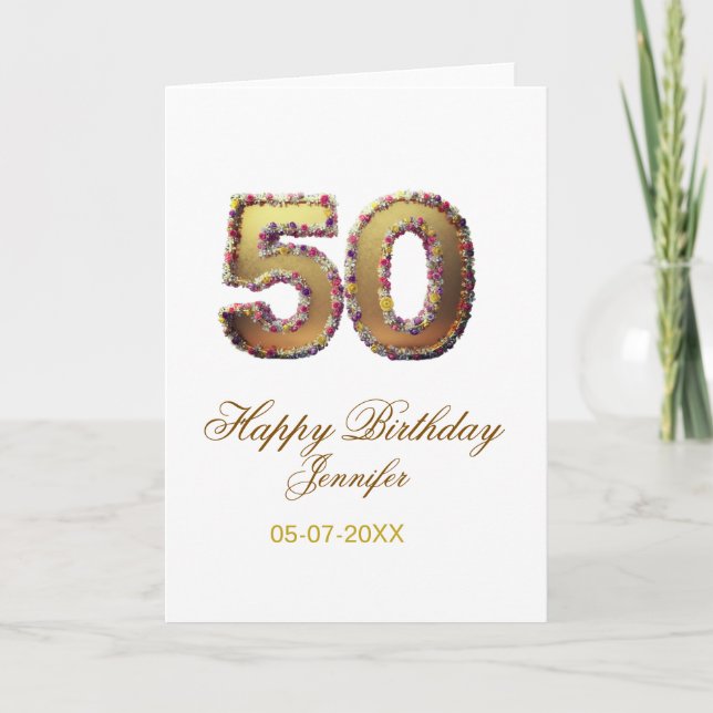 50th birthday add name date year gold floral bold  karte (Vorderseite)