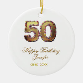 50th birthday add name date year gold floral bold  keramik ornament