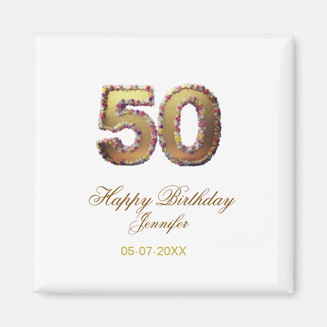 50th birthday add name date year gold floral bold  magnet (Vorne)