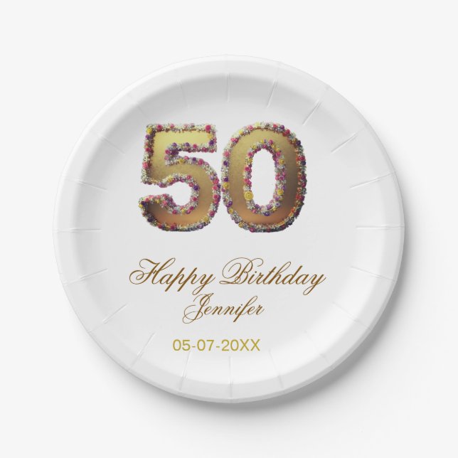 50th birthday add name date year gold floral bold  pappteller (Vorderseite)