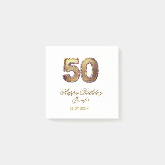 50th birthday add name date year gold floral bold  post-it klebezettel (Vorderseite)