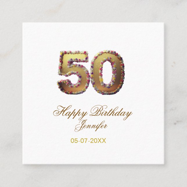 50th birthday add name date year gold floral bold  quadratische visitenkarte (Vorderseite)