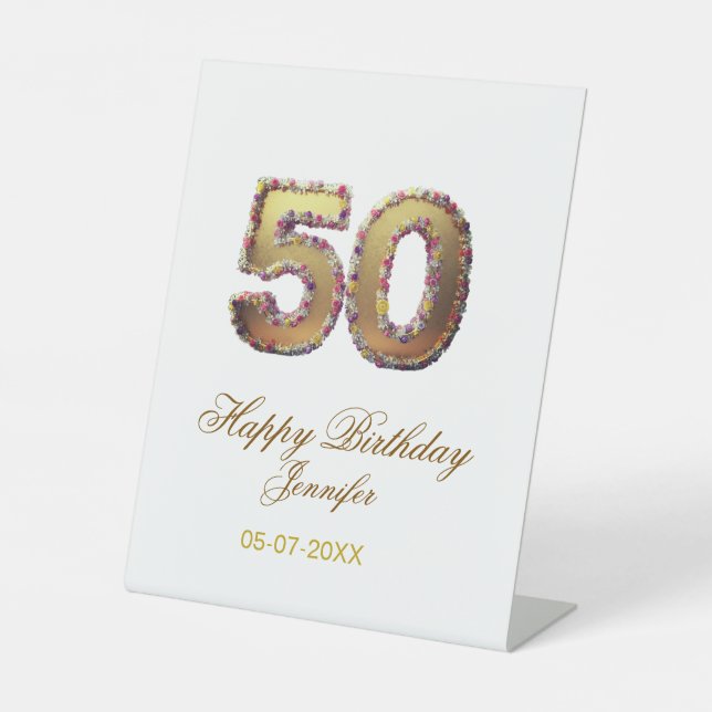 50th birthday add name date year gold floral bold  sockelschild (Vorderseite)