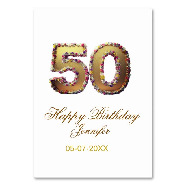 50th birthday add name date year gold floral bold  tischnummer (Vorderseite)