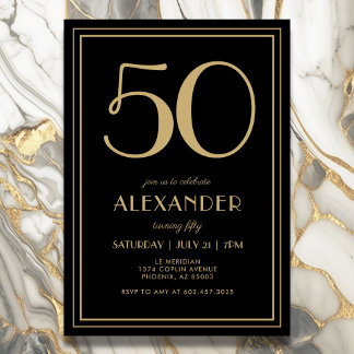 50th Birthday Black and Gold Modern Minimal Adult Einladung
