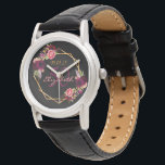 50th birthday black gold geometric floral purple armbanduhr<br><div class="desc">A gift or keepsake for a 50th birthday. A chic black background with a faux gold geometric frame. Decorated with dark purple and burgundy flowers, roses and boho style feathers. Templates for a name, age and a date. Date of birth or the date of the party. The name is written...</div>