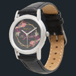 50th birthday black gold geometric floral purple armbanduhr<br><div class="desc">A gift or keepsake for a 50th birthday. A chic black background with a faux gold geometric frame. Decorated with dark purple and burgundy flowers, roses and boho style feathers. Templates for a name, age and a date. Date of birth or the date of the party. The name is written...</div>