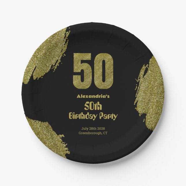 50th birthday black gold glitter party pappteller (Vorderseite)