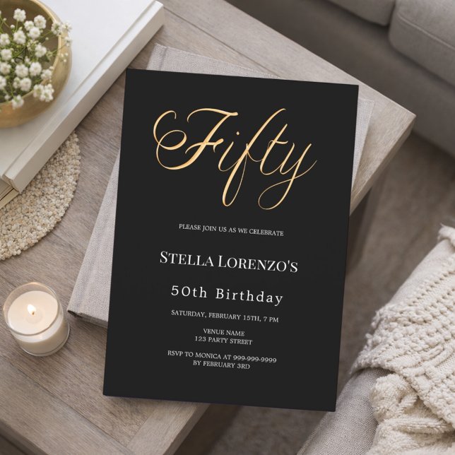 50th birthday black gold script typography einladung (Von Creator hochgeladen)