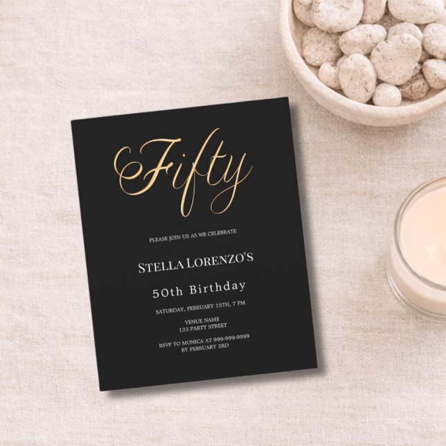 50th birthday black gold typography invitation (Von Creator hochgeladen)