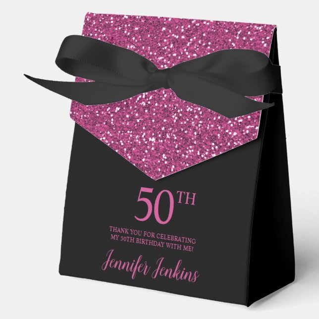50th Birthday Black Hot Pink Glitter Thank You Geschenkschachtel (Vorderseite)