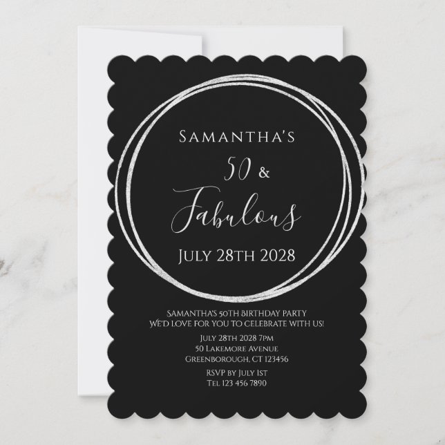 50th Birthday Black Silver Birthday Einladung (Vorderseite)
