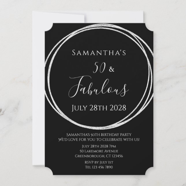 50th Birthday Black Silver Birthday Einladung (Vorderseite)