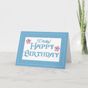 50th Birthday, Blue Check Gingham Pattern Karte