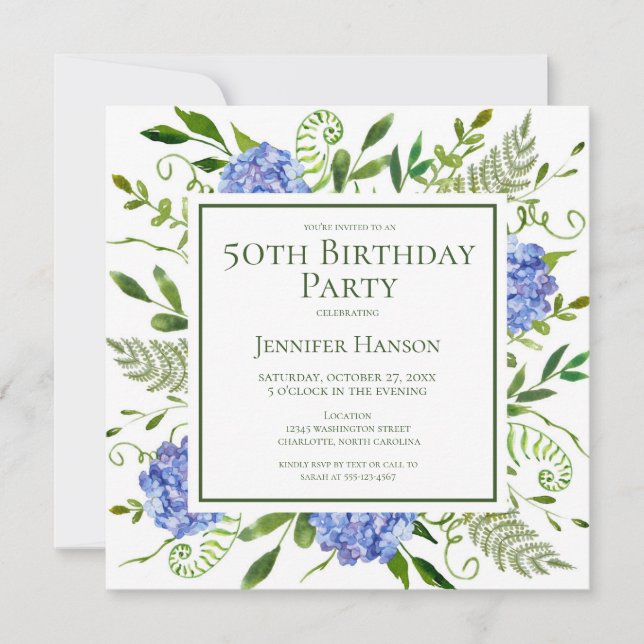 50th Birthday Blue Hydrangeas Card Request  Einladung (Vorderseite)
